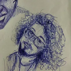 A close-up of a portrait sketch from my practice book. You can see the cross-hatching and line work I use to build up texture and shadow, even with a simple ballpoint pen.