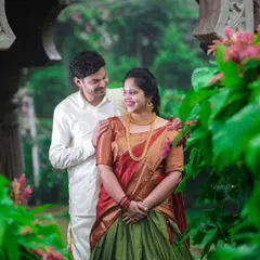A beautiful pre-wedding shoot at Elements Bangalore, where the couple's traditional South Indian attire is perfectly framed by lush greenery and classic architecture.