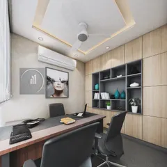 This is a design concept for a director's cabin, featuring a sophisticated mix of wood textures and neutral tones. The built-in shelving unit provides functional storage while adding to the room's aesthetic appeal.