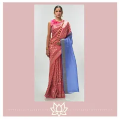 A bold and beautiful tissue jacquard saree from my Bride's Treasure collection. The rich 'Absolute Coral' body is woven with traditional motifs in pure zari, paired with a contrasting periwinkle blue pallu for a statement look that is both regal and contemporary.