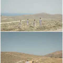 The vast, minimalist landscape of Folegandros, Greece, creates a stunning canvas for these portraits. The diptych shows both a family portrait and a romantic walk, highlighting the versatility of the location.
