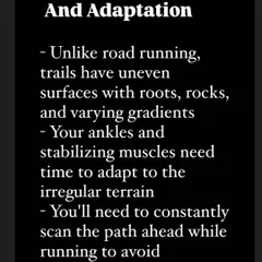 A tip card explaining terrain differences between road and trail. We teach you how to adapt to uneven surfaces, roots, and rocks to prevent injury.
