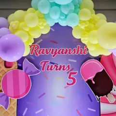 A sweet and vibrant candy-themed 5th birthday for Ravyanshi. The decor features a purple backdrop with ice cream and candy graphics, surrounded by pastel balloons.