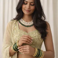 A beautiful close-up showing the intricate embroidery on the blouse and the matching green and white jewellery set. This highlights how you can get a complete, coordinated look.