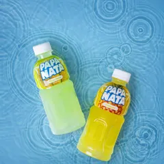 A creative flat lay of Papa Nata juice bottles in water with ripple effects. This dynamic shot evokes a sense of refreshment and is perfect for social media campaigns for beverage brands.