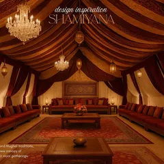 The design inspiration for a 'Shamiyana' style lounge. This mood board shows a traditional tented space with rich red fabrics, low seating, and elegant chandeliers, which served as the blueprint for our grand dining hall.
