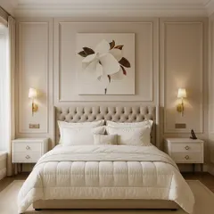 This neoclassical bedroom is sculpted with intention. Paneled walls, a tufted headboard, crisp bedding, and warm sconce lighting frame the room with elegance, creating a space of balance and serenity.