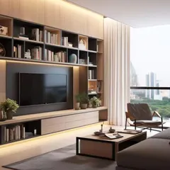 For this living room, I created a full-wall entertainment center that doubles as a library. The design incorporates extensive shelving for books and decor, seamlessly integrating the television to create a sophisticated and functional focal point with a view of the Bangalore cityscape.