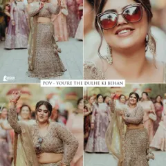 A fun collage capturing the energy of the 'dulhe ki behen' (groom's sister) and other guests during the baraat.