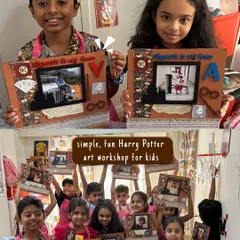 A collage from a simple and fun Harry Potter art workshop for kids. The children created their own magical photo frames, complete with themed decorations, and proudly showed off their work.