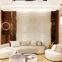 This render highlights the use of curved furniture and layered lighting to create a soft, inviting atmosphere in this modern terrace lounge. The design prioritizes comfort and an open, airy feel.