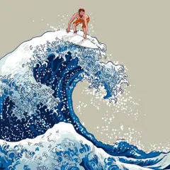 A tribute to the Japanese Ukiyo-e style that influenced Van Gogh, this piece shows a surfer riding "The Great Wave off Kanagawa." It's paired with a quote about surrendering to life's changes, a visual metaphor for letting life flow through you.