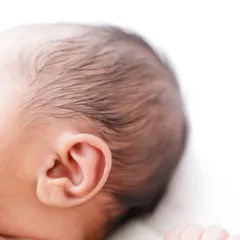 A close-up on a newborn's tiny, perfect ear and the soft hair on their head. These simple shots are so precious.