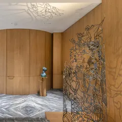 Part of the 'Moving Cache' project, this freestanding mild steel installation acts as a delicate, memory-laden sculpture. It is designed to cast intricate shadows on the surrounding walls and ceiling, creating an ephemeral, ever-changing extension of the artwork itself.