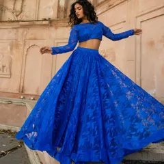 Come fly away with us. The quality, fit, and flare of this royal blue lehenga are incredible. It's sustainable and financially smart to rent.