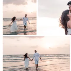 A collage capturing the soft, golden light of a sunset stroll on the beach. These sessions are designed to be relaxed, allowing for natural interactions and romantic moments by the sea.