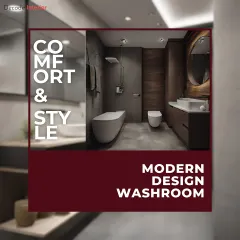 A design concept for a modern washroom that combines comfort and style. The image shows a freestanding bathtub, a wall-mounted toilet, and a dark wood vanity, creating a spa-like ambiance.