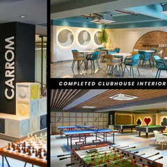 A collage of the completed clubhouse interiors at Trilogy, Ekta Tripolis. We created a vibrant, multi-functional space with dedicated zones for carrom, table tennis, billiards, and a modern coffee shop, all designed with a playful and energetic aesthetic.