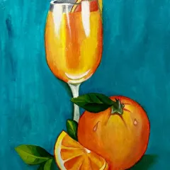 A close-up of a vibrant still life painting of oranges, created by a student in our oil painting course. The colors are rich and beautifully blended.