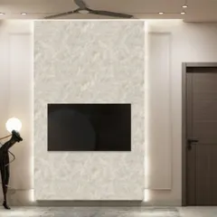 A 3D concept for a minimalist TV wall in a bedroom. The textured white panel with profile lighting creates a subtle yet sophisticated focal point.