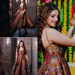 A collage showcasing the bride's beautiful reception dress and her joyful moments during the Mehendi or Sangeet party.