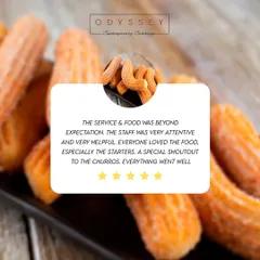 "The service & food was beyond expectation." This client review gives a special shoutout to our starters and churros, and highlights the attentive and helpful nature of our staff.