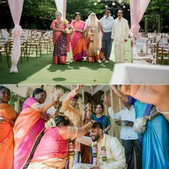 A collage showing the bride's entrance with her family and a key ritual of the wedding ceremony, capturing the essence of a traditional South Indian wedding.