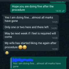A simple screenshot of a conversation with a patient after a procedure. Seeing my patients regain their confidence is the best part of my job. Effective dermatological care can truly improve quality of life.
