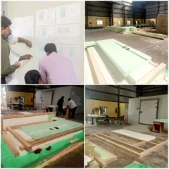 A collage showing the fabrication process of the eco-friendly panels. From reviewing production drawings to assembling the foam cores, this behind-the-scenes look shows our hands-on approach to sustainable construction.