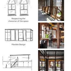 Our design process for The Loft started with simple sketches. We focused on respecting the original character, creating flexible and multi-functional zones, and ensuring transparency throughout the space to encourage a collaborative studio culture.