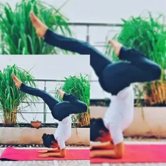 This is a variation of Pincha Mayurasana (Feathered Peacock Pose), an advanced forearm balance that strengthens the shoulders, back, and core. Listening to your body is key to finding stability in challenging inversions like this.