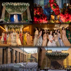 A collage showcasing a complete wedding event, from the grand stage and guest seating to the happy bride and her bridesmaids.