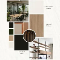 This mood board for the Noir Oak project shows the intentional material palette I selected. The warmth of oak wood, the structure of matte black metal, and the subtlety of leather-textured laminate come together to reflect the poise and precision the legal profession demands.