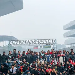The whole crew at BIC. A massive group of riders gathered on the main straight, showing the scale and energy of our track days at this MotoGP venue.