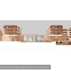 A sectional drawing of the IIM Bangalore hostel, illustrating how we punctuated double-loaded corridors with double-height breakout spaces and discussion rooms to create a feeling of openness.