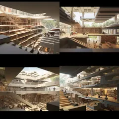 A collage of AI-generated images exploring different configurations for a dynamic, multi-level communal space filled with books, light, and nature.
