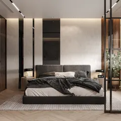 This modern bedroom design uses glass partitions to separate the sleeping area from the closet and entryway. The dark tones and vertical black panels create a sleek, contemporary look.
