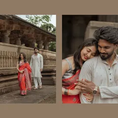 A collage from a pre-wedding shoot at a heritage site. We capture both posed and candid moments, showcasing the couple's connection amidst the beautiful, traditional architecture.