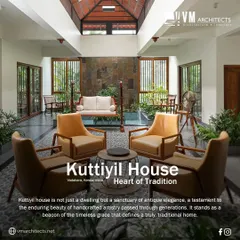 At the heart of Kuttiyil House is this traditional open-to-sky courtyard, a modern interpretation of Kerala's classic 'nalukettu' architecture. It's a breathing space that fills the home with light, air, and a sense of timeless tranquility.