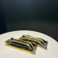 The uncooked, handmade agnolotti, showcasing the striking black and yellow stripes from vegetable charcoal. Each one is a small piece of edible art.