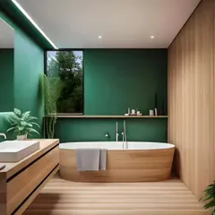 This bathroom design brings nature indoors with its deep green accent wall and abundant use of natural wood. A freestanding oval tub and floating vanity enhance the organic, spa-like atmosphere.