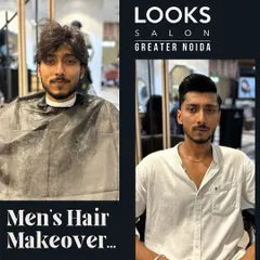 A classic men's makeover. This before-and-after shot shows the transformation from unruly hair to a clean, sharp, and professionally styled haircut.