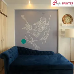 The finished Spider-Man line art mural in a cozy reading nook. The clean white lines on the cool grey wall create a modern and stylish look that kids and parents both love.