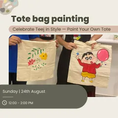 Our special Teej-themed tote bag painting workshop poster, showing off the beautiful and fun designs created by our participants.
