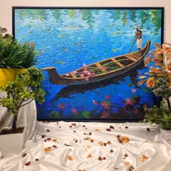 Art can be a sensory experience. Using a palette knife, artist Shraddha More creates incredible texture in this serene depiction of a boatman on calm waters. The thick, layered acrylics capture the play of light on water and the delicate beauty of lotus flowers, inviting you to almost feel the scene.