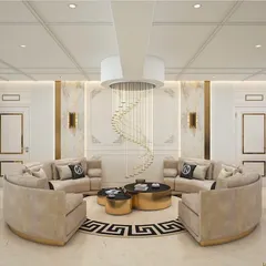 This living room concept is centered around a circular seating arrangement to foster conversation. The design features Versace-themed details, a dramatic spiral chandelier, and gold accents for an unapologetically luxurious feel.