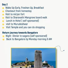 Here is the Day 2 plan for the Gokarna trip, which includes visits to Mirjan Fort and Murudeshwar before the return journey to Bangalore.