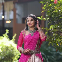A candid moment showing the full look. Sanjana paired the Victorian necklace with a matching vaddanam (waist belt), creating a cohesive and stylish ensemble with her pink lehenga.