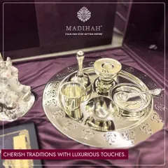 Cherish traditions with luxurious touches. This silver-plated pooja thali is an essential part of any auspicious occasion, crafted with care and elegance.