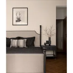 For this tranquil master bedroom, we designed a sophisticated half-poster bed as the centerpiece. Paired with herringbone flooring and a custom wardrobe with curved details, the room is a haven of understated elegance and modern comfort.